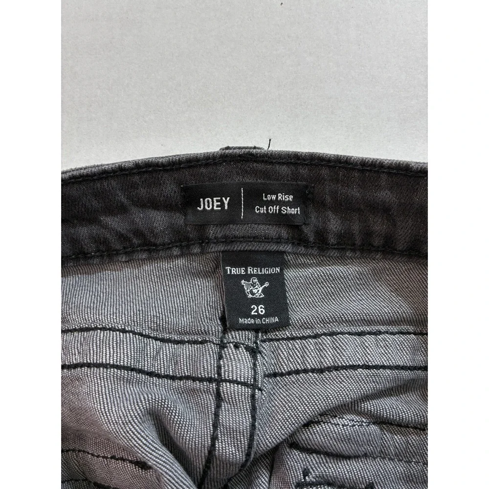 True Religion Joey Low Rise Cut Off Denim Shorts Moon Light Distressed Black 26